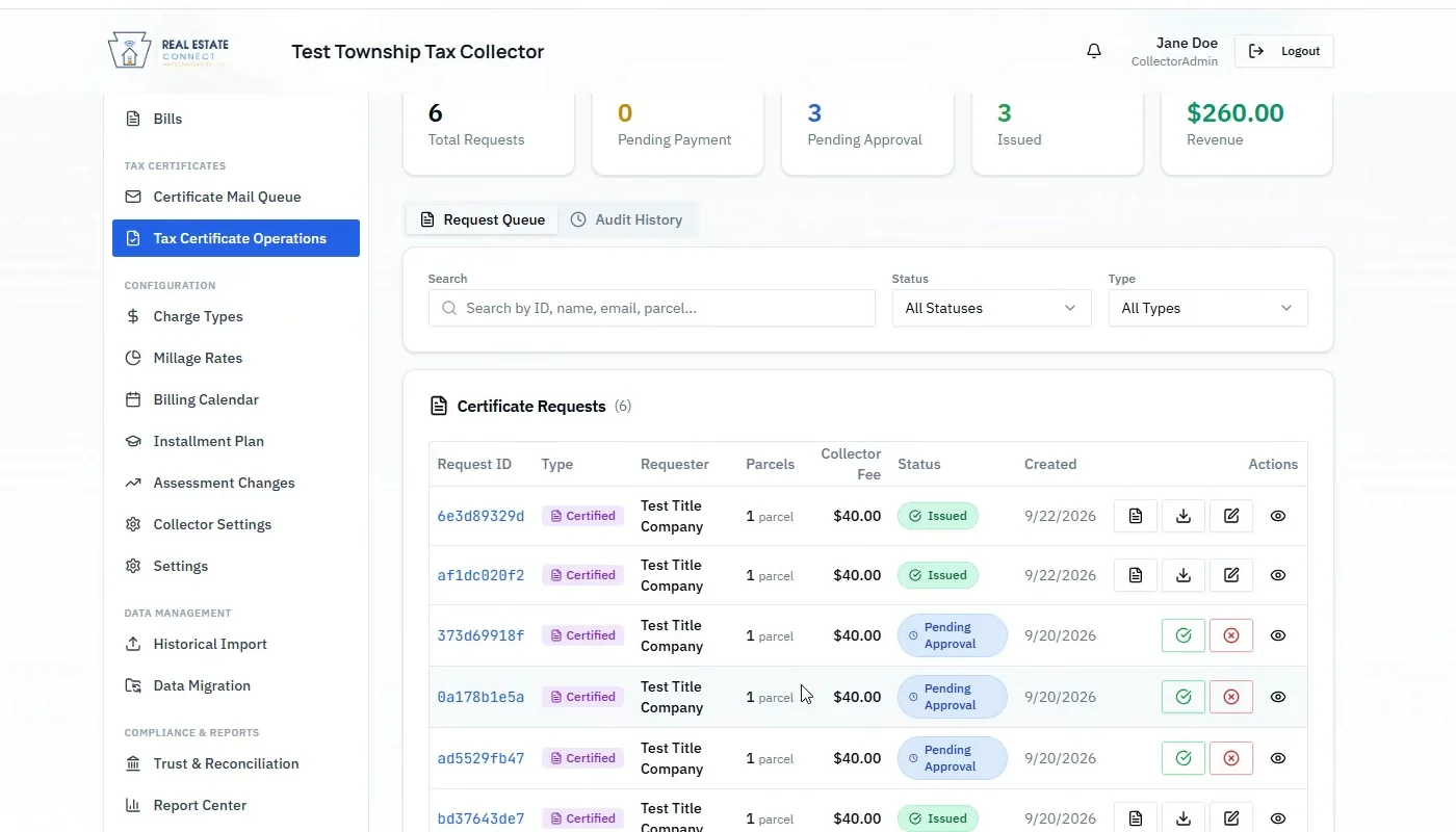 Certificate request queue showing issued and pending approval statuses