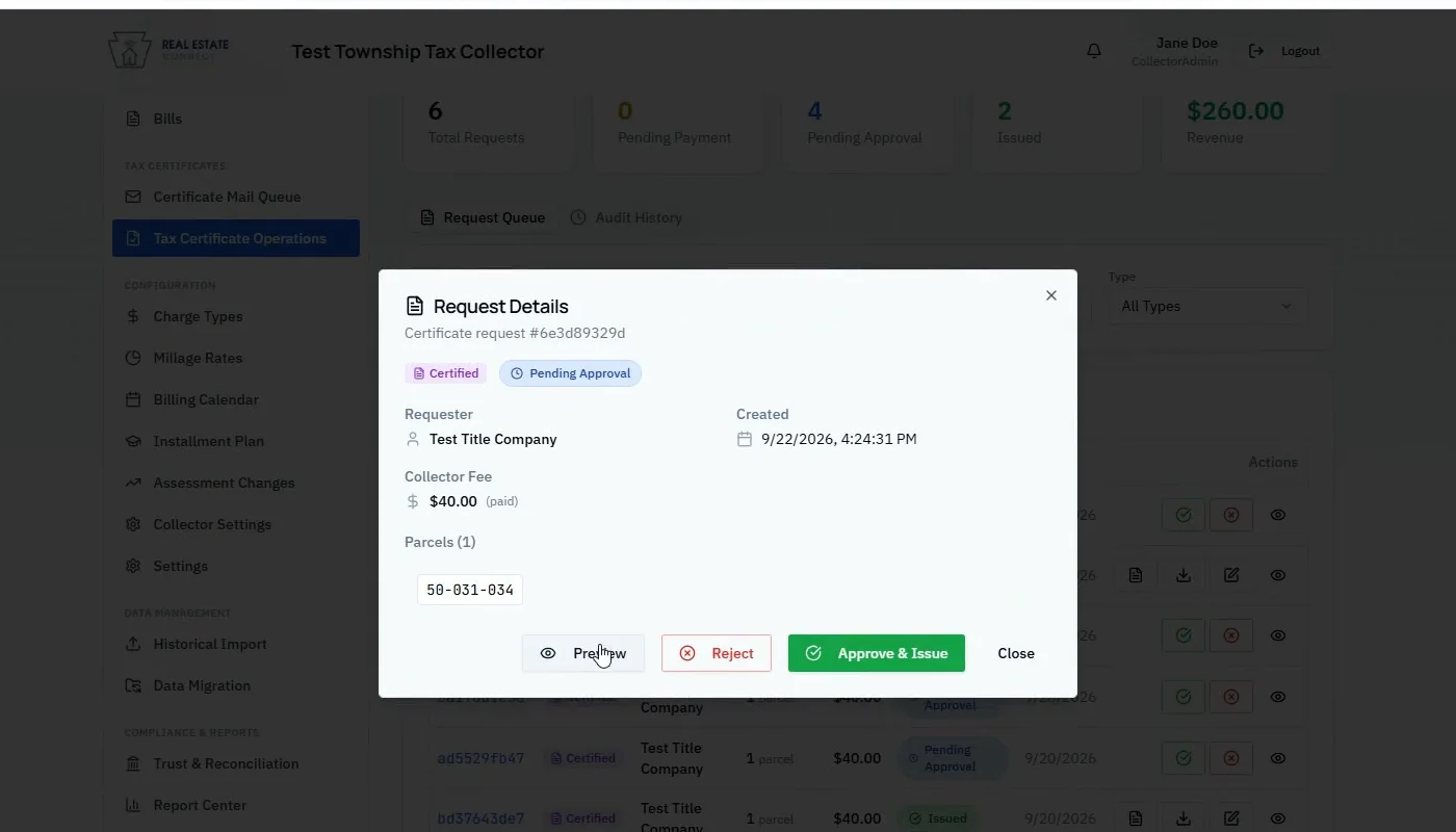Collector request details screen with Preview, Reject, and Approve and Issue controls