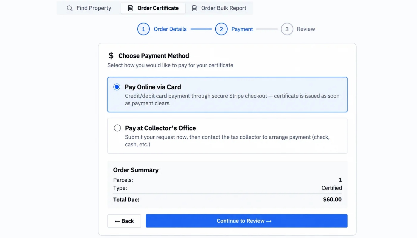 Public certificate portal showing online payment options