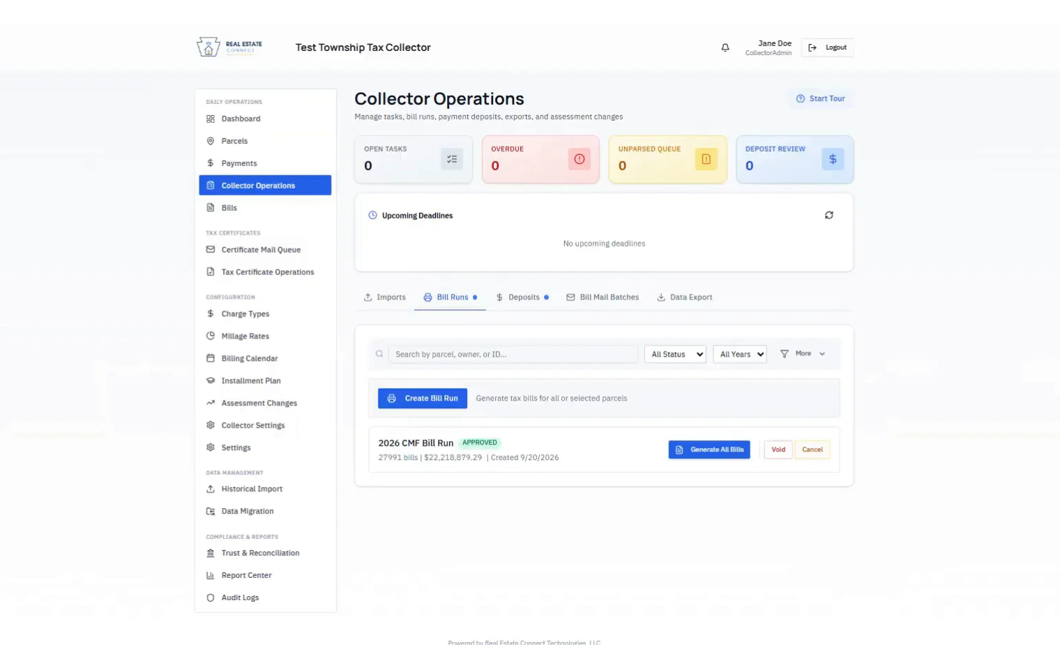 Collector Operations dashboard showing bill runs, deadlines, and daily tasks