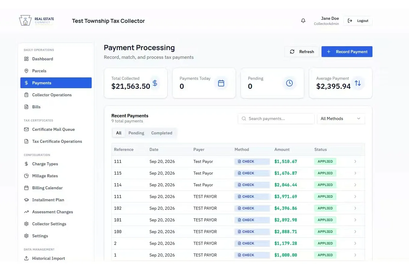 Payment processing dashboard showing payment totals and recent activity